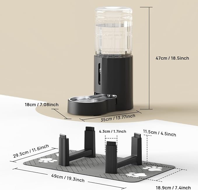 CZPET Elevated Dog Water Bowl Dispenser with Mat (9.5L+Stand+Mat,Black) | With Stainless Steel Bowl Gravity Waterer, Large Capacity and Drinking Area Noise-Free for Pets