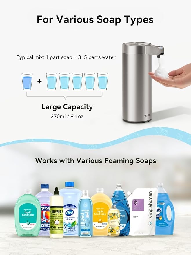 SUNLY Automatic Foaming Soap Dispenser Touchless – Clog-Free Pump, 0.2s Fast Sensor, USB-C Rechargeable, Smudge-Resistant Stainless Steel, for Kitchen & Bathroom Soap Dispenser