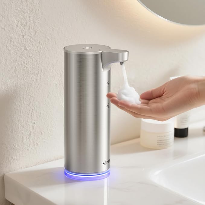 SUNLY Automatic Foaming Soap Dispenser Touchless, 0.2s Fast Sensor, USB-C Rechargeable, Smudge-Resistant Stainless Steel, Hand Soap Dispenser for Bathroom, Kitchen, Hotel, Silver