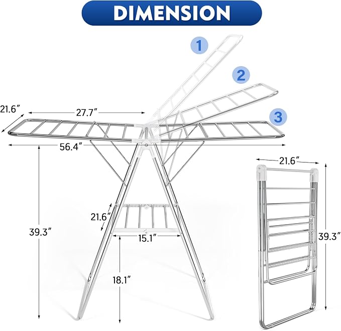 APEXCHASER Clothes Drying Rack, Stainless Steel Drying Rack Clothing with Height-Adjustable, Foldable Gullwings Laundry Drying Rack, Indoor Outdoor Use, No Assembly, White