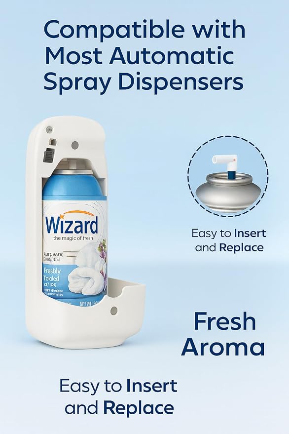 Wizard Automatic Spray Refill – Freshly Folded Linen, 5 oz (12 Pack) | Compatible with Air Wick Freshmatic & Glade Dispensers | Long Lasting Odor Neutralizer for Home & Office