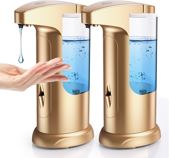 Automatic Soap Dispenser, 2 Pack Touchless Liquid Soap Dispensers, 370ml Battery Operated Hand & Dish Soap Dispenser with Infrared Sensor, 3 Dispensing Levels for Kitchen Bathroom, Gold