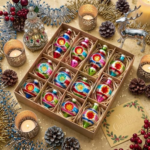 12 Pcs Vintage Glass Christmas Ornament Reflector Decor, Finial