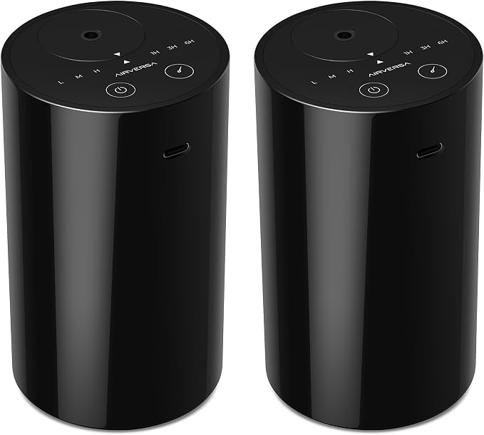 Airversa 2 Pack AN8 Waterless Diffuser for Essential Oil, Black + Black | Up to 600 sq ft, Battery Operated, 20mL, Timers & Mist Levels, Car Diffuser, for Office, Bathroom, Cold Air, Portable