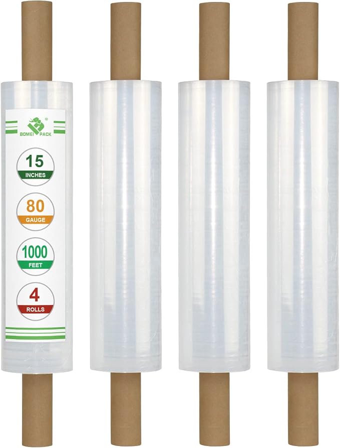 BOMEI PACK Stretch Film Wrap - Industrial Clear Plastic Stretch Wrap 1000 Feet 80 Gauge 4 Packs with Handle, Pallet Wrap for Packing, Moving Supplies, Packing Wrap Plastic Roll 15 Inches