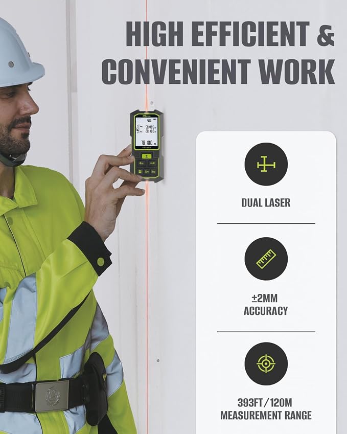 Inkerma Dual Laser Measurement Tool, 393Ft/120M Bilateral Laser Distance Meter, Rechargeable Laser Measure with Ft/in/M Multiple Units, Angle Sensor, Pythagorean Mode, Area and Volume