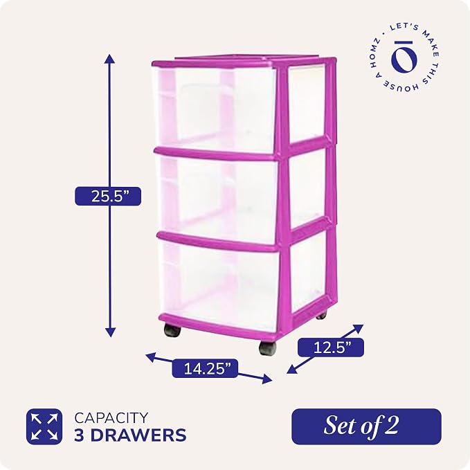 HOMZ 2-Pack Drawer Tower, 3-Tier Clear Plastic Storage Organizer Cart, Purple Frame - Organizing Containers with Wheels for Home, Bathroom, Bedroom, Office, and Classroom