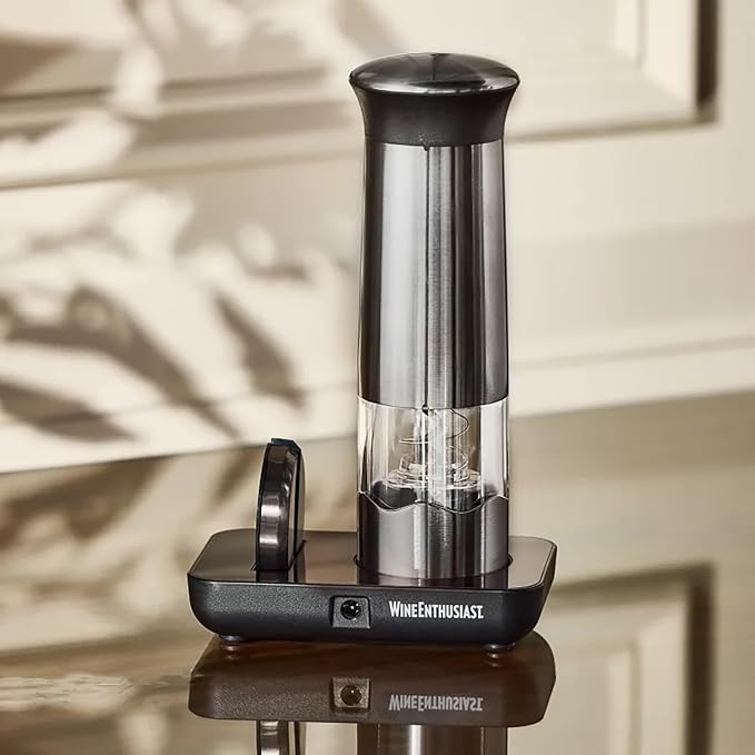 Wine Enthusiast Automatic Compact Wine Bottle Opener and Foil Cutter Set - Fully Electric Corkscrew with Charging Station - Effortlessly Extracts Natural and Synthetic Corks (3-Piece Set)