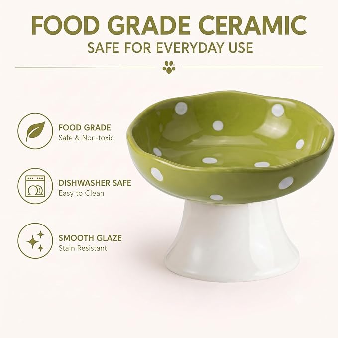 Mushroom Cat Bowl, Elevated Ceramic Cat Bowl, Avocado Green | Cute Mushroom Design • Avocado Green • Elevated Feeding • Whisker Friendly • Smooth Ceramic