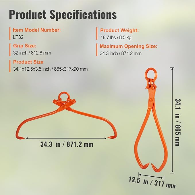 VEVOR Log Skidding Tongs, 32 inch 2 Claw Log Lifting Tongs, Heavy Duty Steel Lumber Skidding Tongs, 1543 lbs/700 kg Loading Capacity, Log Lifting, Handling, Dragging & Carrying Tool