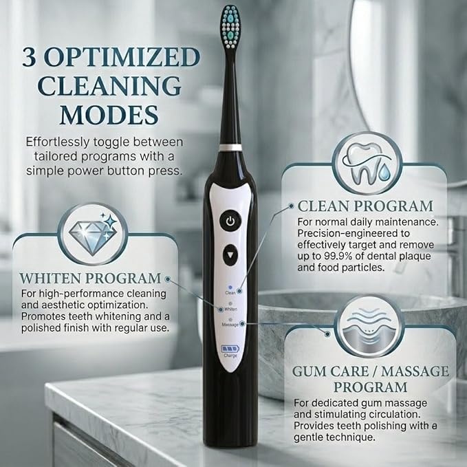 Sonic Electric Toothbrush for Adults, Rechargeable Power Toothbrush with 5 Replacement Heads, Travel Case, 3 Modes, 2 Minute Timer, IPX7 Waterproof Cordless Electric Toothbrush | Black