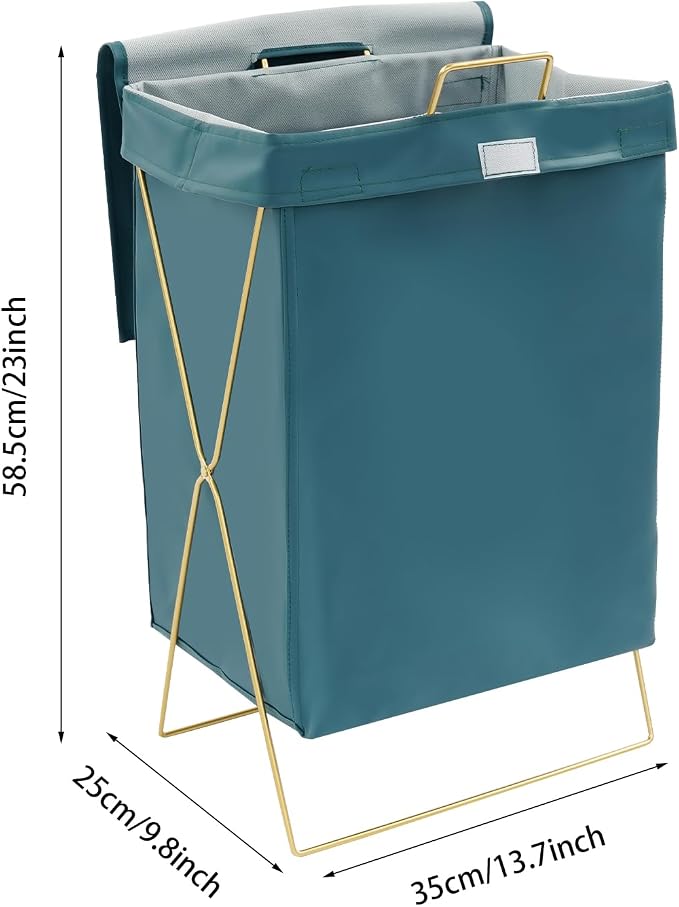 X-Frame Laundry Basket with Lid, Foldable Laundry Hamper, Gold Metal Collapsible Bag Sorter Organizer, Luxury Folding Dirty Clothes Washing Bin (Gold Fram+ Blue Bag)