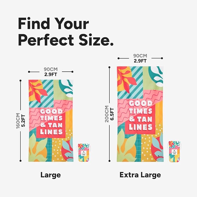 Dock & Bay Beach Towel - Quick Dry, Sand Free - Compact, Lightweight - 100% Recycled - Includes Bag - Good Times & Tan Lines - Extra Large (200x90cm, 78x35)