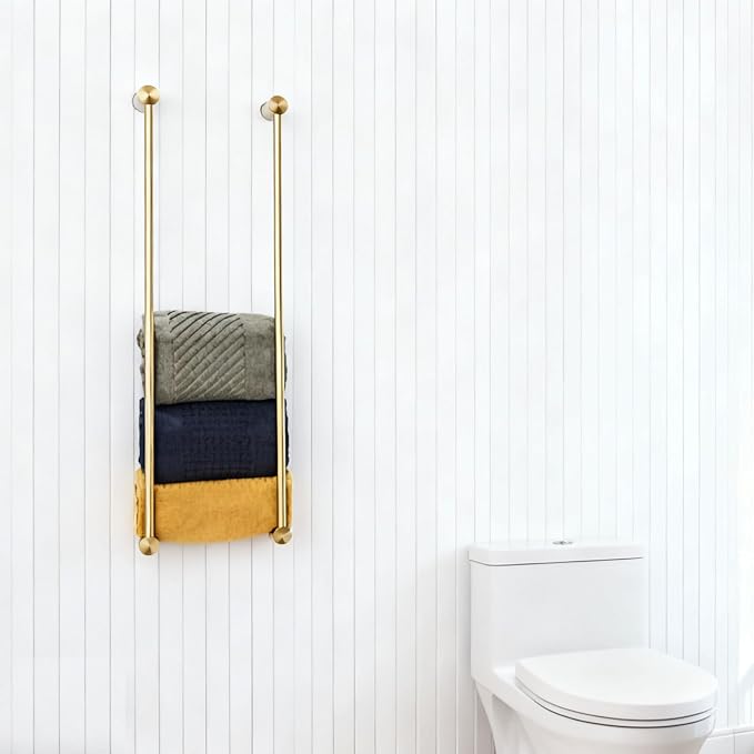 Towel Racks for Bathroom, NEWRAIN Wall Mounted Stainless Steel Organizer, Brushed Gold Rolled Towel Storage Wall-Mounted Bath Towel Holder for Folded Large Towel Washcloths