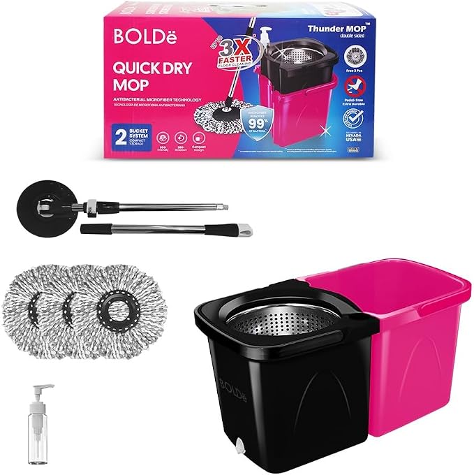 Thunder Mop Spin System - Double-Sided - 3 Free Refills (Black/Pink) | 2 Compact Stackable 6L Buckets, Microfiber Head, Stainless Steel Wringer, Antifungal Quick-Dry Cleaning, Soap Dispenser