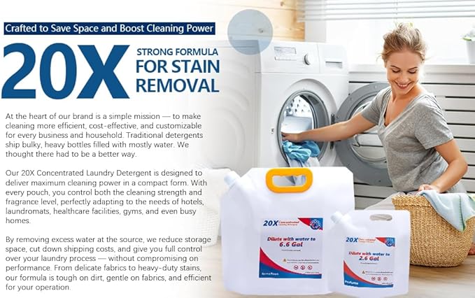 Commercial Bulk Laundry Detergent Refill, 20X Concentrated, Makes 6.6 Gallons (800 Loads) – Heavy-Duty Stain Removal, HE Compatible, Lowest Cost per Load