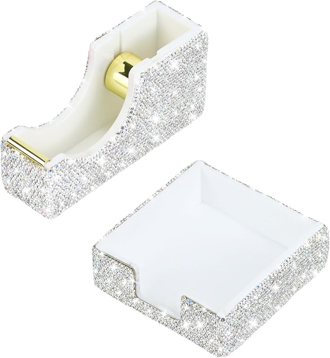 Buqoo 2 PCS Bling Crystal Handmade Diamond Sticky Note Holder and Tape Dispenser Office Supplies Dazzling Rhinestone Bling Desk Accessories for Women Office (Silver)