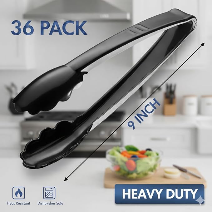Plastic Tongs for Serving (Pack of 36) 9 Inch - Heavy-Duty Hard Plastic Reusable or Disposable Serving Tongs for Catering, Dinner Parties, Banquets, Buffets, Events, Weddings and Everyday Use, Black