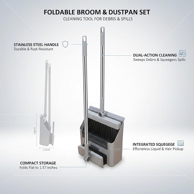 Foldable Broom and Dustpan Set with Squeegee, Stainless Steel Handle for Hard Floors, Compact 1.57-Inch Storage for Kitchen and Bathroom