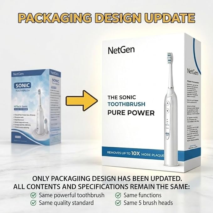 Sonic Electric Toothbrush for Adults, Rechargeable Power Toothbrush with 5 Replacement Heads, Travel Case, 3 Modes, 2 Minute Timer, IPX7 Waterproof Cordless Electric Toothbrush | White