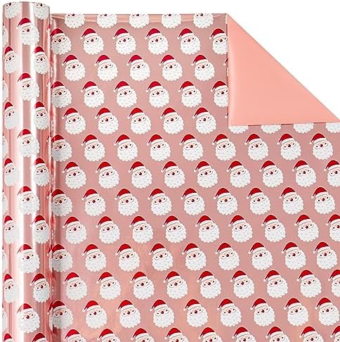 WRAPAHOLIC Reversible Christmas Wrapping Paper - Mini Roll - 17 Inch x 33 Feet - Santa Claus Wrapping Paper and Solid Rose Gold Design with Metallic Foil Shine for Chrsitmas, Holiday, Party