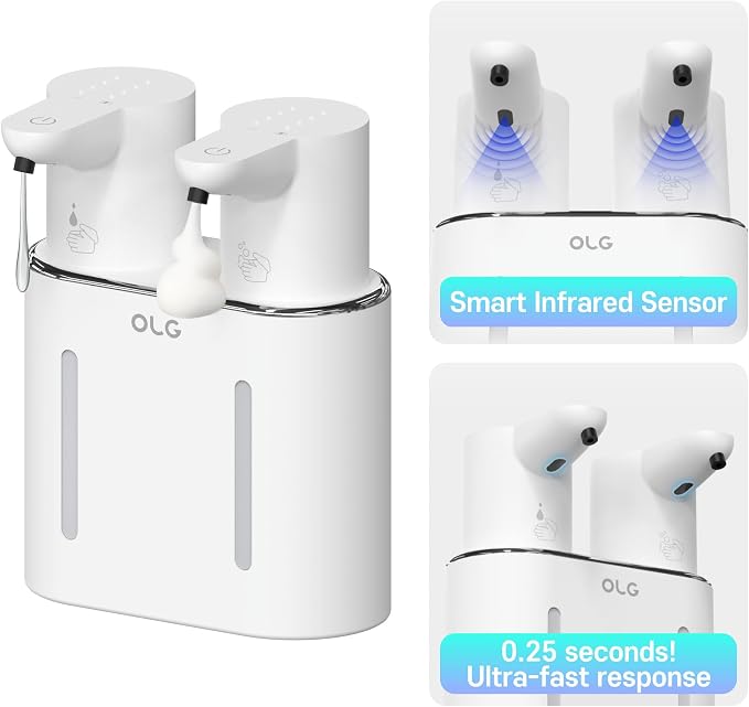 OLG Touchless Soap Dispenser - Automatic Hand - Dual Tank - 27 fl oz - Dish Detergent - Kitchen Bathroom - Foam and Liquid