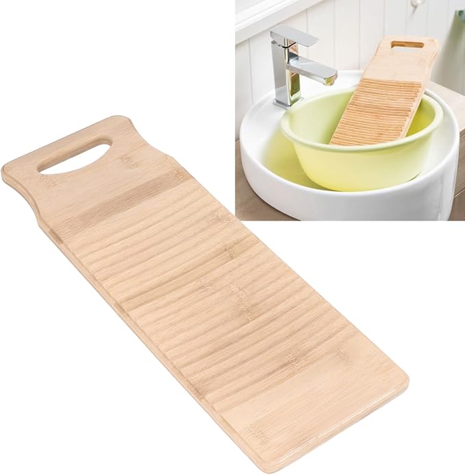 Tyenaza Wooden Color Bamboo Washboard - 19.7in Long, Thick NAT-Ural Bamboo, Wear - Resistant Wash Board with 1 Pair of Gloves and Soap Net for Home Laundry