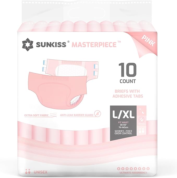 SUNKISS Masterpiece Adult Diapers with Tabs, Unisex Disposable Incontinence Briefs for Women and Men, Odor Control, Pink, Large/XLarge, Previously Large,10 Count