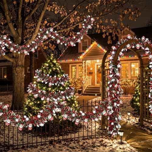 50 Feet Red Green Christmas Metallic Tinsel Twist Hanging Garland with Snowflake Santa Claus for Home Mantle Xmas Tree Staircase Railing New Year Holiday Party Indoor Outdoor Decorations
