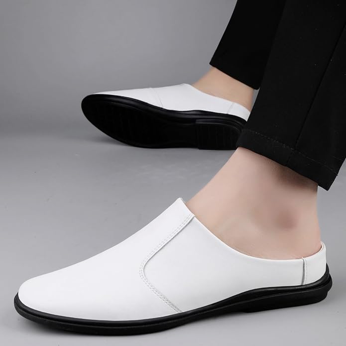 Men'S Leather Slippers Without Heel Straps Soft And Breathable Comfortable Hand-Sewn Casual Round-Toe Shoes Anti-Slip Sole Suitable For Daily Use Outdoor Activities Home Use Shopping