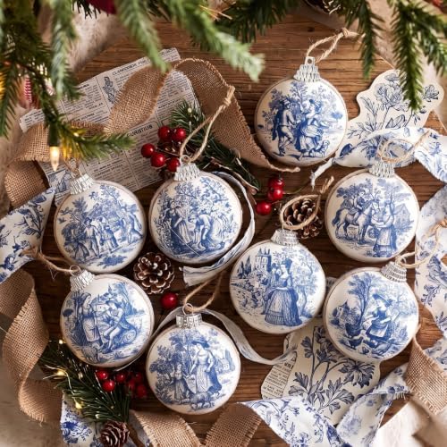 Outus 16 Pcs Blue and White Toile De Jouy Christmas Ball Ornaments for Tree