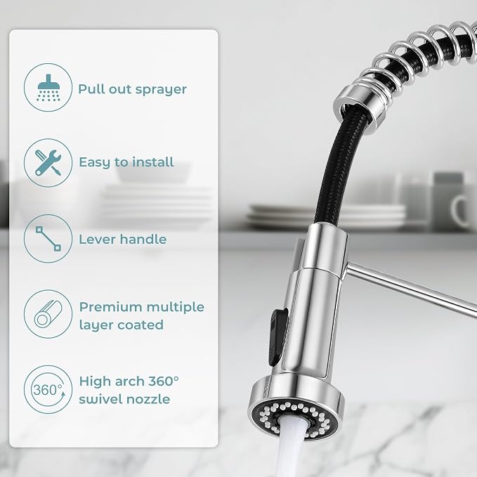 Kitchen Faucet with Pull Down Sprayer Chrome | 2-mode sprayer, 360° high arc spout, 304 SS build, drip-free valve, fingerprint-resistant, DIY install, NSF certified