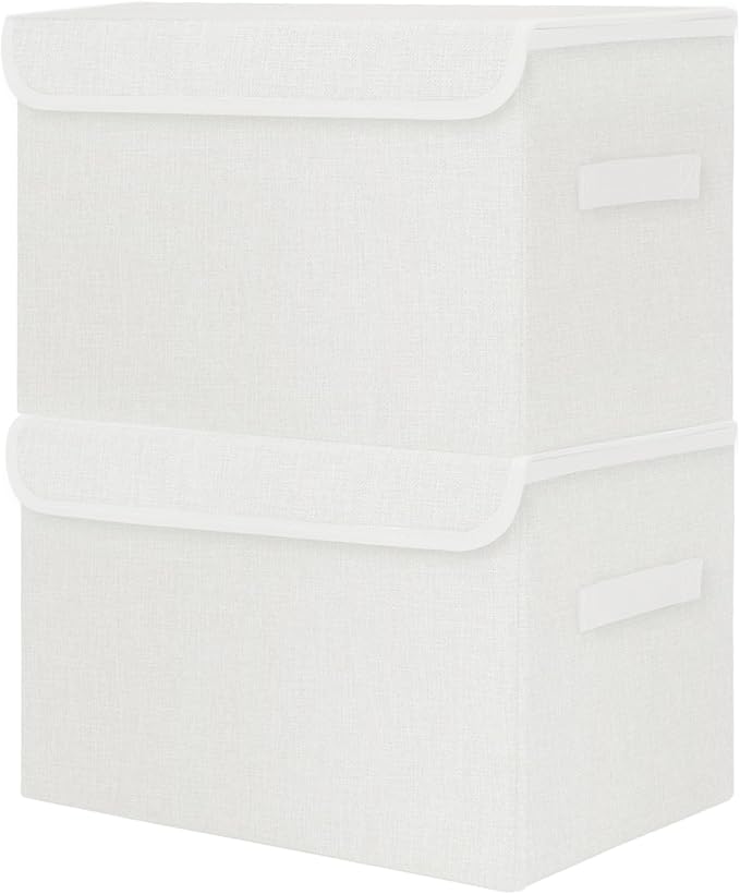 Bagnizer Large 42 Quarts Fabric Storage Bins with Lids [2-Pack] Linen Collapsible Foldable Storage Cubes, Closet Organizer Containers boxes with Handles for Home Office (16.7 x 12 x 12, White)