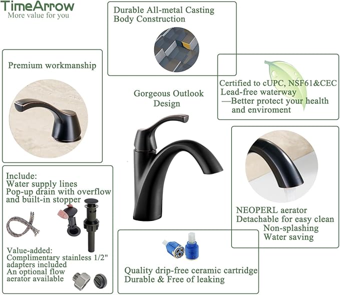 Bathroom Faucet Oil Rubbed Bronze, Single Handle Bathroom Sink Faucet for 1 Hole with 3 Holes Deck Plate, Lavatory Vanity Faucets, Pop Up Drain and Water Supply Lines Included, TAF206-ORB