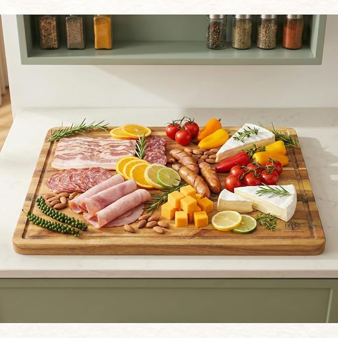 Acacia Wood Cutting Boards for Kitchen, 1.5 in Thick Butcher Block Construction for Stability, 17 x 13 in Large Cutting Boards with Gift Box, Juice Groove and Handle