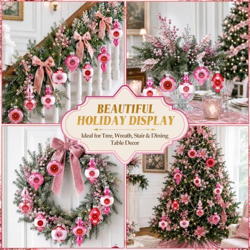 Soulchen 10 Pcs Vintage Glass Christmas Ornaments, Assorted, Pink