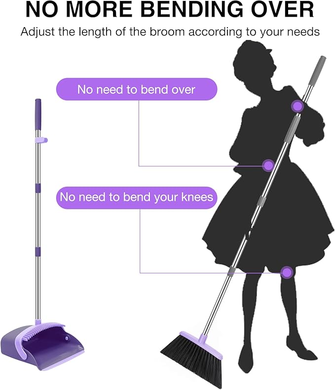 NACENA Broom and Dustpan Set, 52-in Long Adjustable Handle Broom Dustpan Combo with Dustpan Teeth to Automatically Clean Hair Suitable for Home Kitchen Office Hall Floor (Purple)