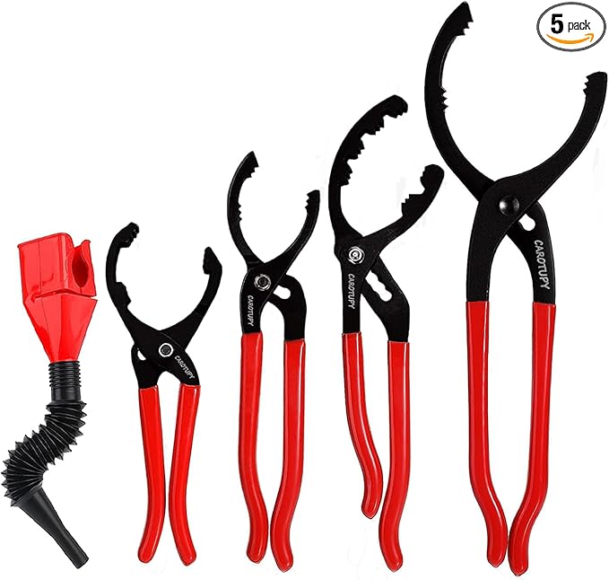 5Pcs Adjustable Oil Filter Pliers Set, Universal Oil Filter Removal Tool with Small Oil Funnel, 10" & 12" & 14" & 16" Oil Fliter Wrench From 1-1/4" to 8-1/2"