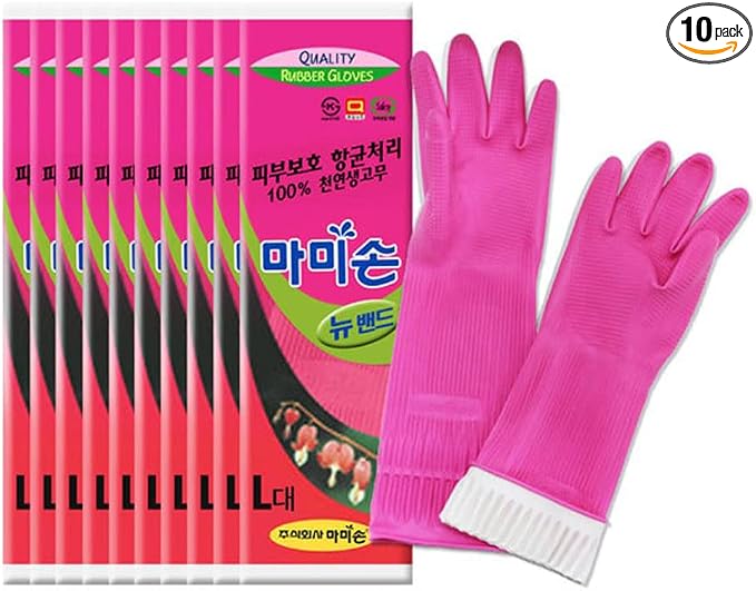 Mamison Quality Kitchen Rubber Gloves (10 Pairs, Large) Non-Slip Reusable Latex Cleaning Gloves/ Made in Korea