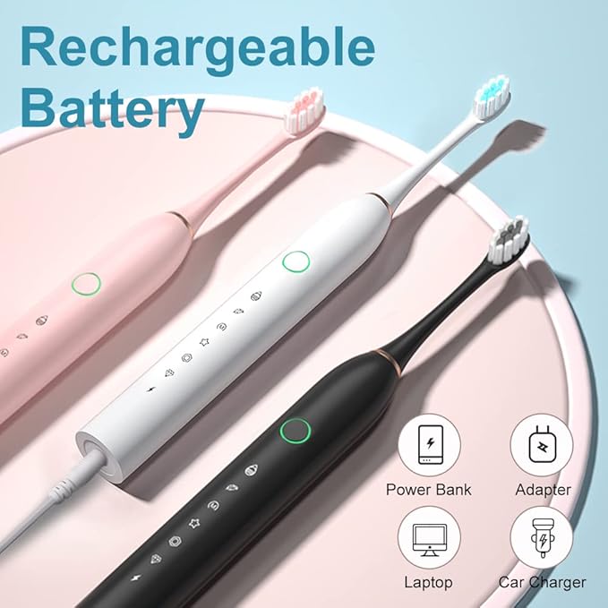 SUNPRO 2 Pack Adults Sonic Electric Toothbrush, 42000vpm, 6 Modes Rechargeable for Deep Cleaning Include 8 Heads (Black+Pink)