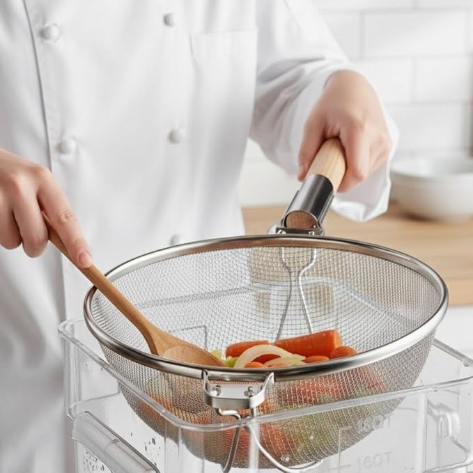 Soro Essentials- 12" Double Tinned Fine Mesh Strainer with Reinforced Bands Pan Hook Wooden Handle- Food Sieve Strainer Kitchen Mesh Strainer Utensil for Cooking Rice Quinoa Pasta Fruits Vegetable
