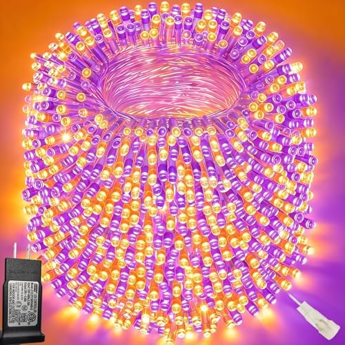 Pooqla 500 LED String Lights Indoor Outdoor, 164 ft Orange and Purple Halloween Lights Plug in with Timer, Connectable 8 Modes Waterproof Clear Wire Twinkle Fairy Lights for Halloween Decor
