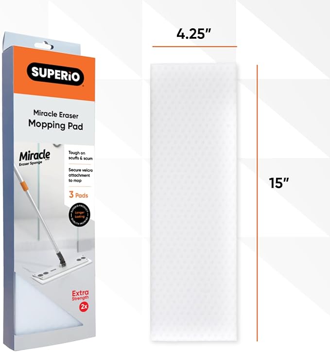 Superio Miracle Mop with 3 Magic Eraser Refils - Melamine Sponge Replacements- Telescopic Handle, Velcro Mop Head, Chemical-Free Cleaning for Tile, Vinyl, Marble, Stone