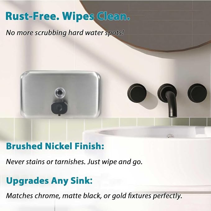 Commercial Stainless Steel Soap Dispenser Wall Mount Horizontal Liquid | 38.8oz Large Capacity, Anti-Leak, Antirust SUS304 Brushed for Bathroom & High-Traffic Areas