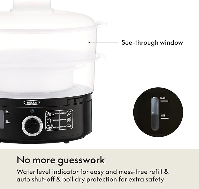 BELLA Two Tier Food Steamer with Stackable Baskets & Removable Base for Fast Simultaneous Cooking - Auto Shutoff & Boil Dry Protection, 7.4 QT, Black