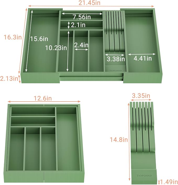 TIOPGHAD Bamboo-Silverware-Drawer-Organizer-Kitchen, Expandable Utensil Holder Cutlery Tray Flatware Organization Adjustable Wood Tableware Dividers Storage (with Removable Knife Block)(Grayish Green)