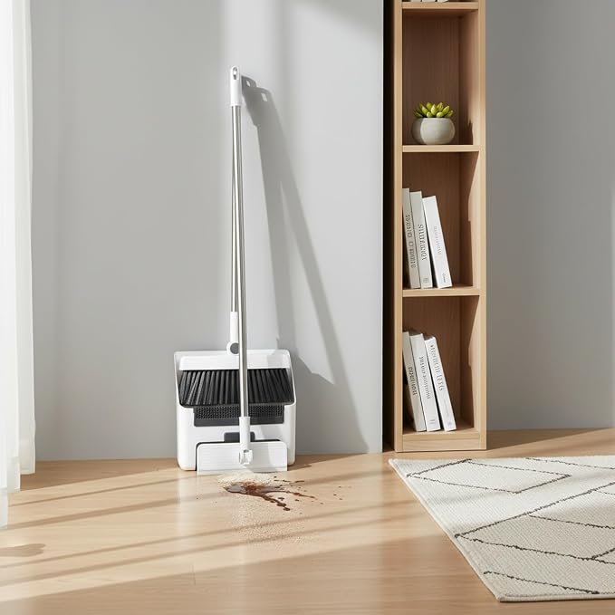 Foldable Broom and Dustpan Set with Squeegee, Stainless Steel Handle for Hard Floors, Compact 1.57-Inch Storage for Kitchen and Bathroom