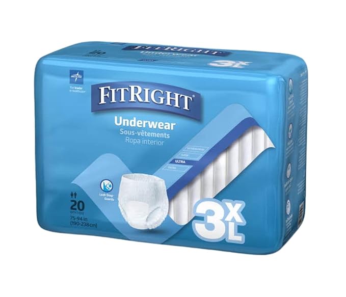 Medline FitRight Adult Incontinence Underwear, Heavy Absorbency, 3X-Large, 75"-94" Waist (20 Count, 4 Pack)