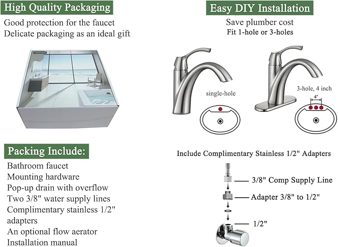 TimeArrow Brushed Nickel 1-Handle Single Hole Bathroom Faucet, 3-Hole Deck Plate, Pop-Up Drain and Water Supply Lines Included, TAF206-BN