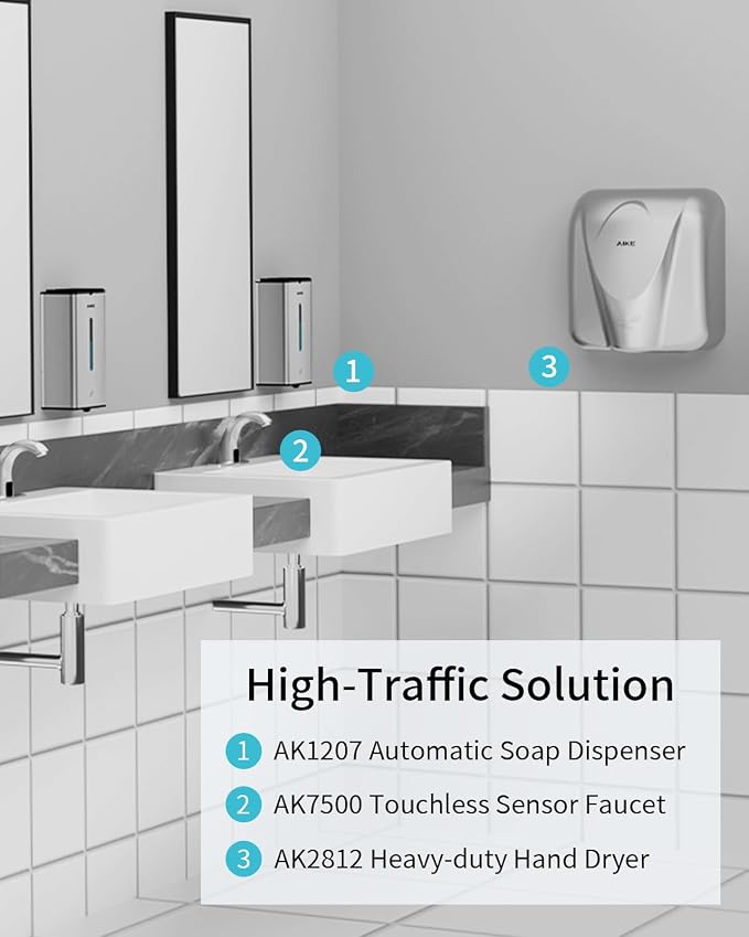 AIKE Heavy Duty Automatic Soap Dispenser,33.8oz for Bathroom,Brushed Steel | 5-Level and Savety Key for Commercial(4*AA Batteries Not Included),Screw Wall Mount for Space-Saving,Stainless Steel AK1207